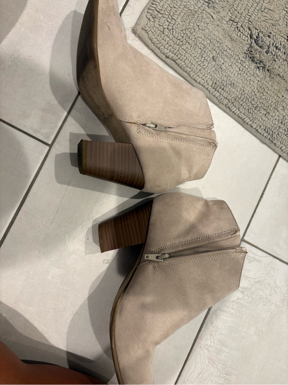 Taupe Suede Block Heel Ankle Booties - Women's
